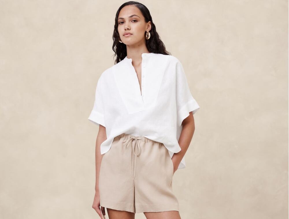 NWT Banana Republic White Flax Linen Popover Short Sleeve Shirt Women's Medium